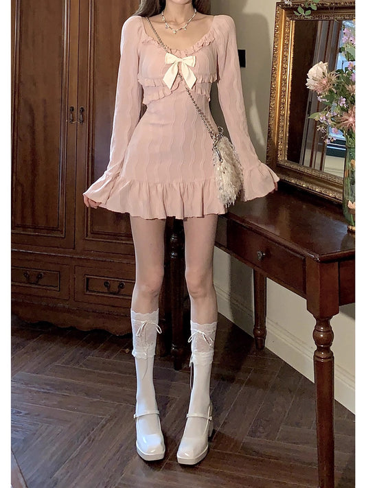 Bow Long Sleeve Narrow Dress